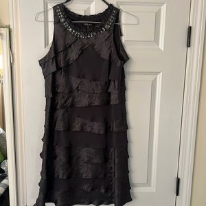 Size 14, dark gray, knee length layered dress.  Neckline beaded.